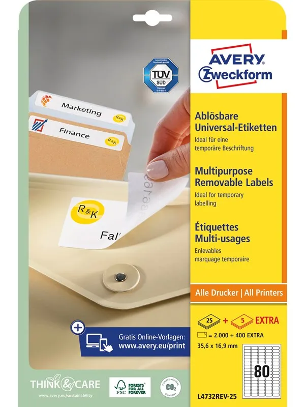 Avery Avtagbare flerbruksetiketter , Til alle skrivere, 35,6 x 16,9 mm, Hvit