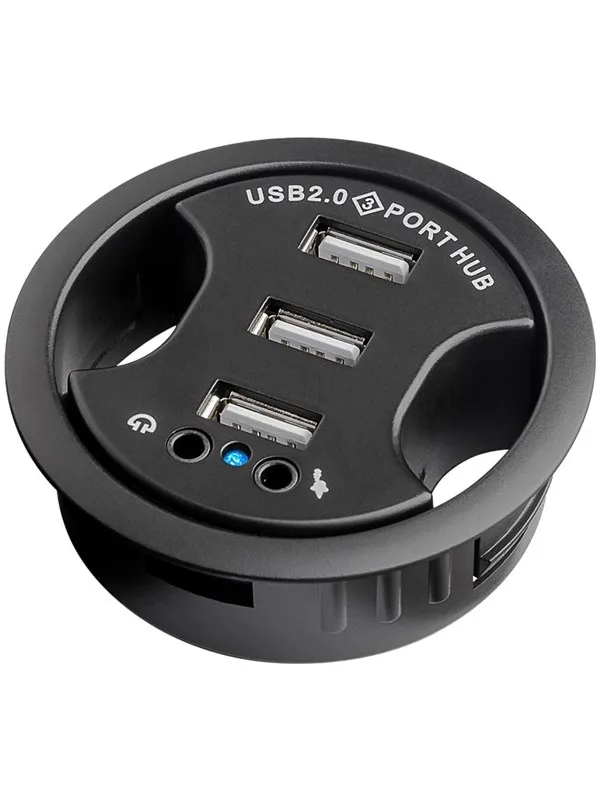 Pro 3 port USB 2.0 Hi Speed In-Desk HUB + audio USB-hub - 3 porter - Svart