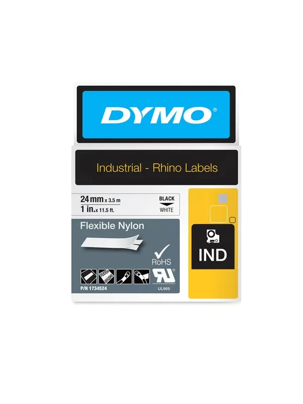 DYMO Rhino fleksibel nylon, 24mm x 3,5m, sort på hvid