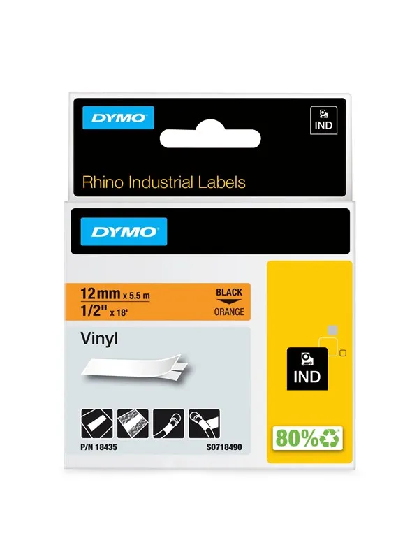 DYMO Rhino industri vinyl tape,12 mm x 5.5 m rull, sort på oransje