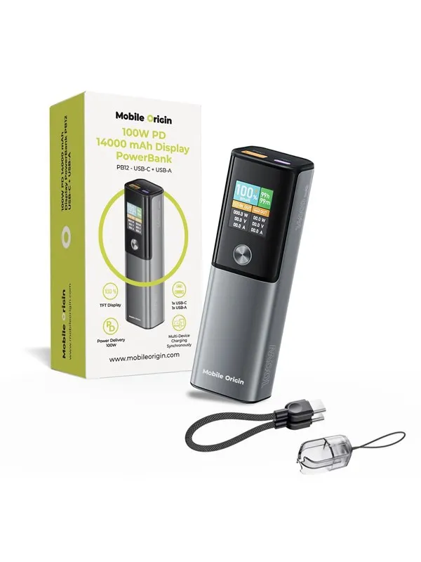 Mobile Origin 100W PD 14000mAh Display PowerBank PB12 - USB-C + USB-A Nødlader - Grey - 14000 mAh