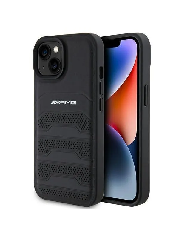 Mercedes AMG Leather Debossed Lines Case for iPhone 15 Plus - Black