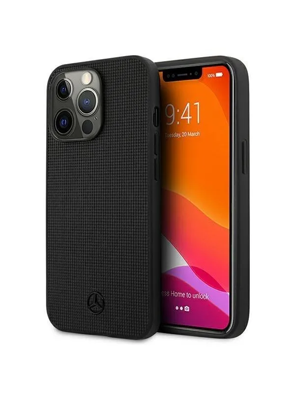Mercedes Leather Meshed Metal Logo Case for iPhone 13 Pro / iPhone 13 - Black