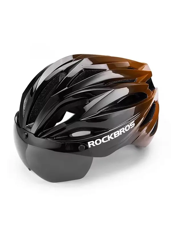 Rockbros Bike Helmet with Visor Detachable UV Protective Goggles Unisex - Black/Brown