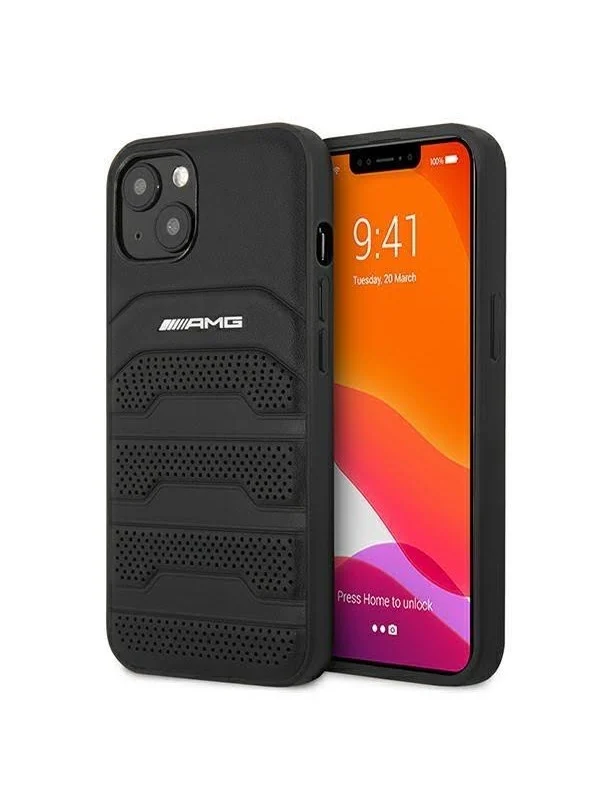Mercedes AMG Leather Debossed Lines Case for iPhone 13 mini - Black