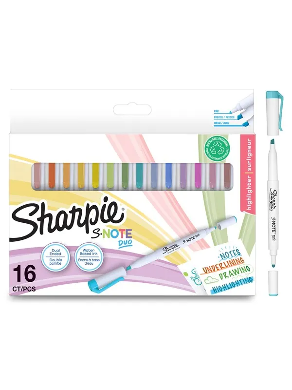 Sharpie S-Note Duo Highlighters | Kreative tusjer med to ender av pastell | Kule og bred spiss for fremheving, tegning, journalføring og mer | 16 stk