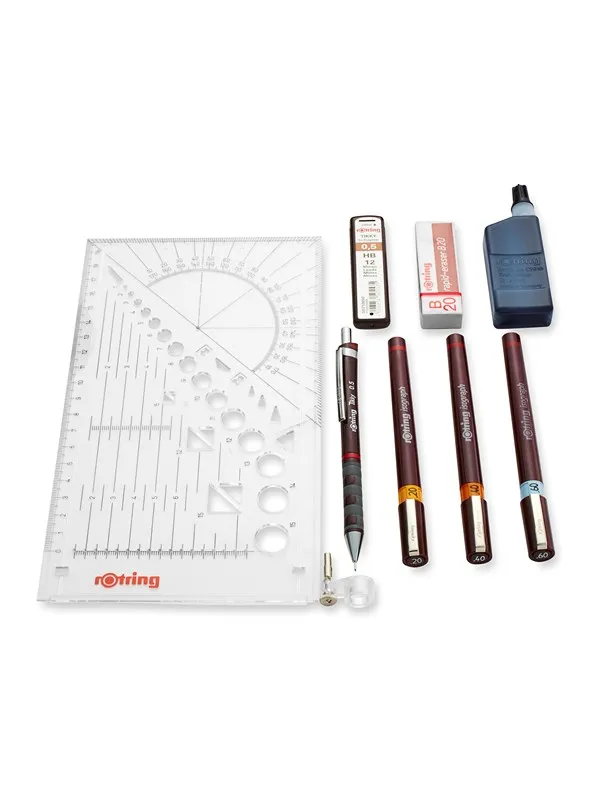 Rotring Isograph Fineliner Pen & Pencil College Set | 3 Technical Pens (0.20mm 0.40mm 0.60mm) and Mechanical Pencil (0.5mm) + Accessories