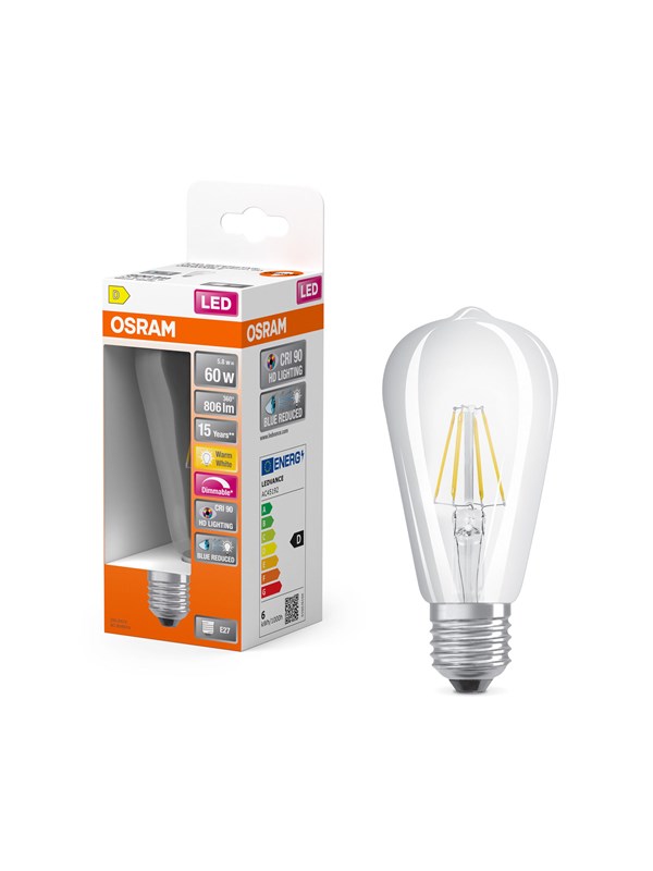 Osram LED-lyspære LED Comfort edison filament 806lm 5.8W/927 (60W) E27 dimmable E27