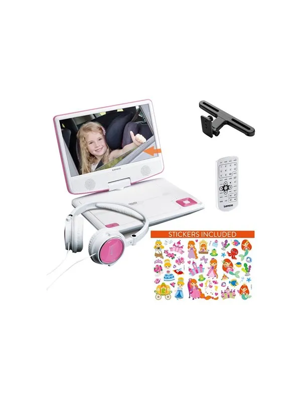 Lenco DVP-920PK - Portable 9" DVD player with USB headphones and mounting bracket - Pink/White