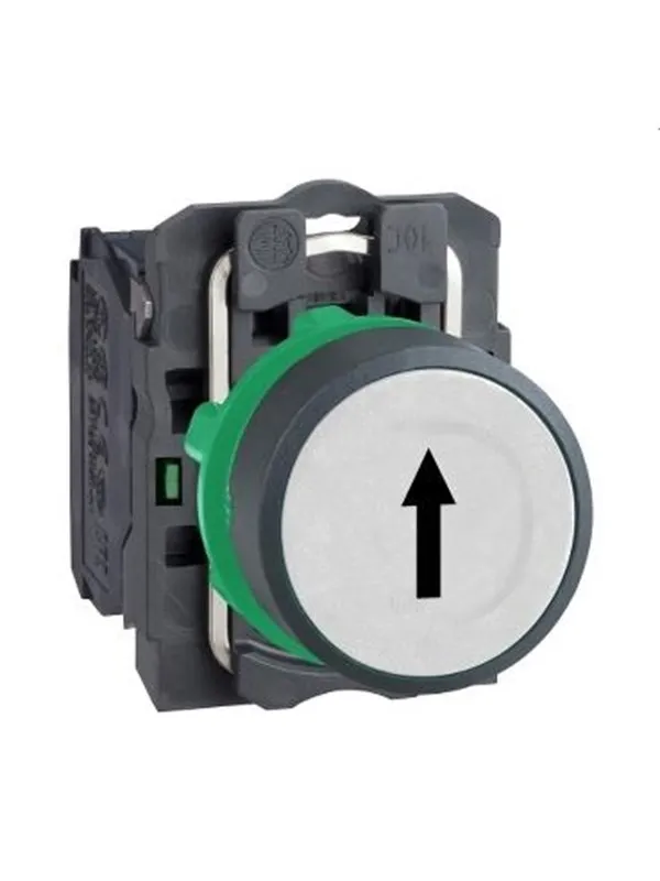 Schneider Electric Harmony push button complete with spring return and flat touch surface in white with black arrow 1xno xb5aa3341