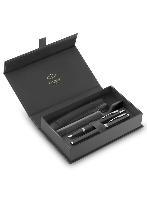 Parker IM Duo Pen Gift Set | Fountain Pen Ballpoint Pen & Pen Pouch | Black Lacquer Finish with Chrome Trims | Medium Tip