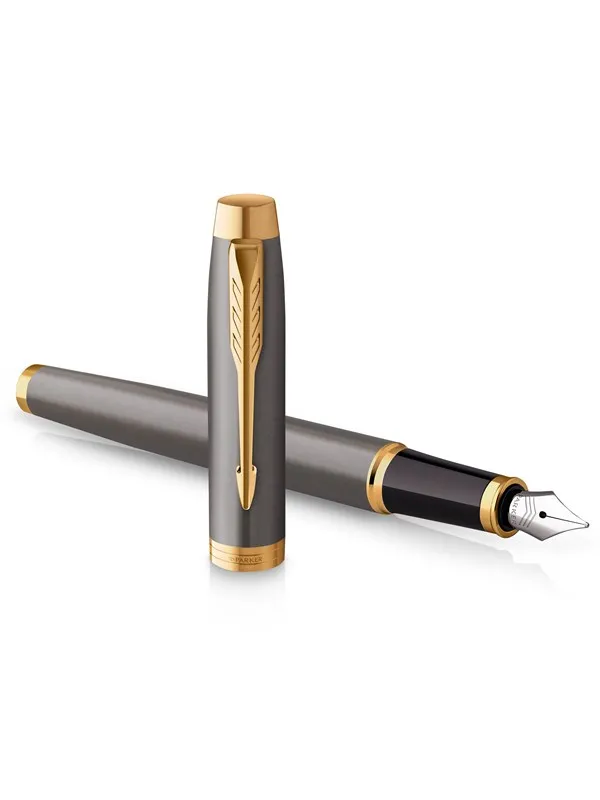 Parker IM Fountain Pen | Grey Lacquer with Gold Trims | Medium Polished Stainless Steel Nib | Blue Ink Cartridge Refill | Gift Box