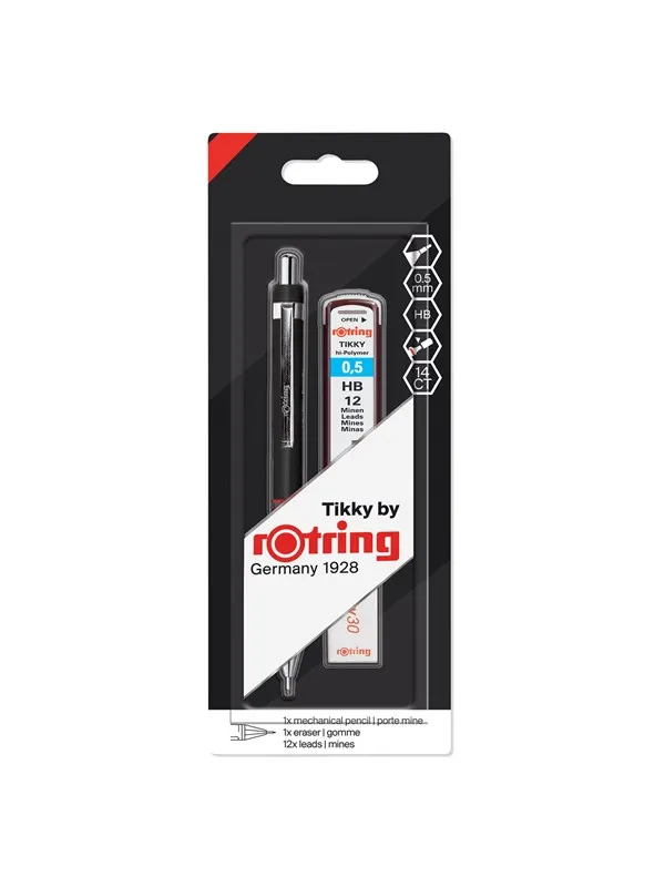 Rotring Tikky Colour-Coded Mechanical Pencil Set | 0.5 mm | with 12 Lead Refills & Eraser