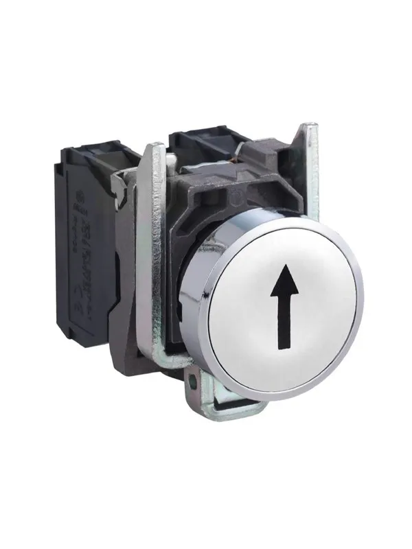 Schneider Electric Harmony push button complete with spring return and flat touch surface in white with black arrow 1xno xb4ba3341