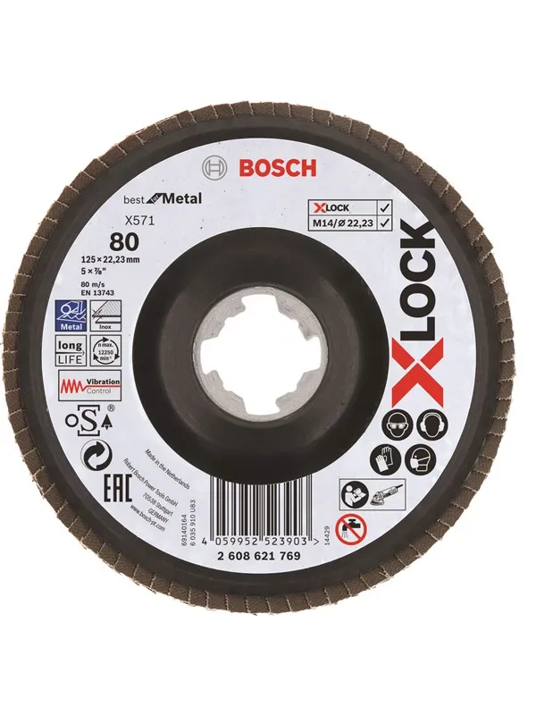 Bosch X-LOCK-lamellslipeskiver, vinklet modell, plastplate, Ø125 mm, G 80, X571, Best for Metal, 1 stk. D= 125 mm, G= 80, vinklet