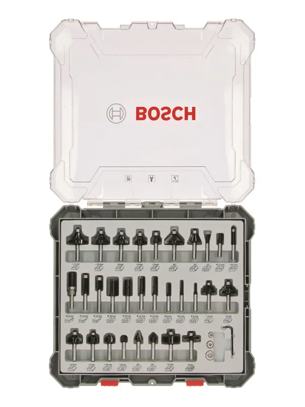 Bosch Sett med fresejern, 30 deler, blandet, 6 mm skaft 30-piece Mixed Application Router Bit Set.