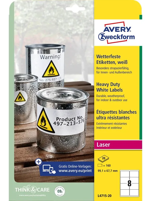 Avery Sterke etiketter, hvite , Tåler varme, kulde, fukt, utendørsbruk, 99,1 x 67,7 mm, Laser