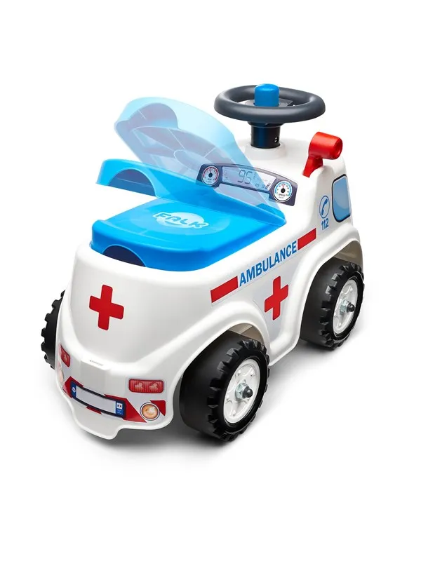 Falk Ambulance ride-on with storage steering wheel and horn