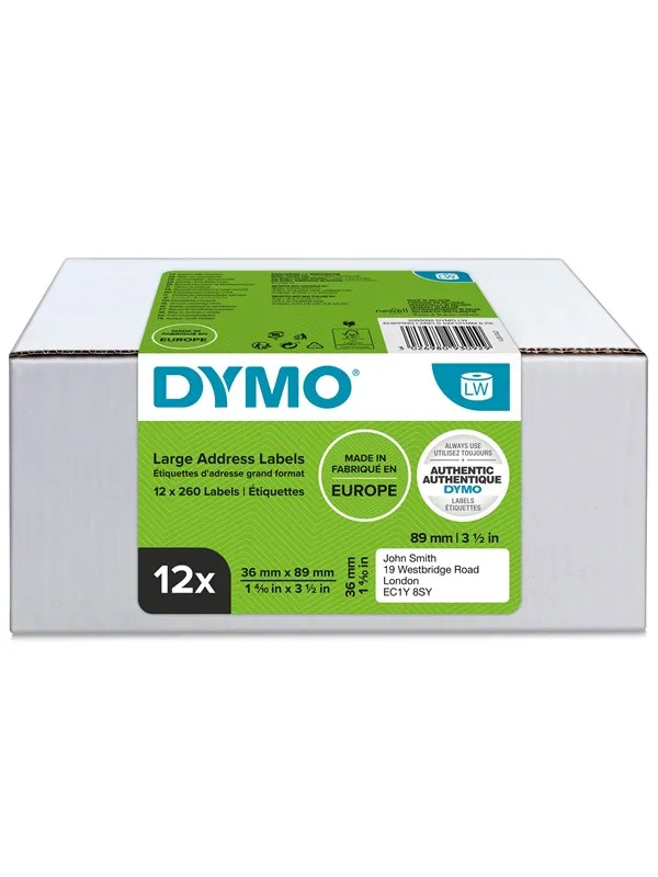 DYMO LW store adresseetiketter, 36mm x 89mm, 12 ruller med 130 stk. (1560 stk. i alt)