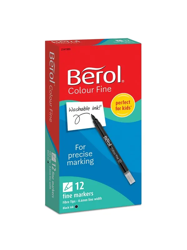Berol filtspiss fargetusjer, tynn spiss (0,6mm), vaskbar, sort, eske med 12 stk.