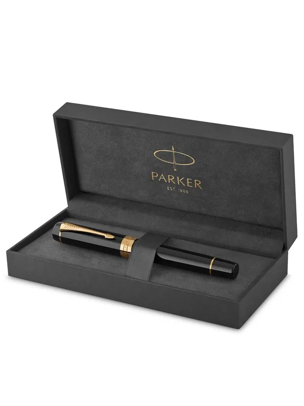 Parker Duofold Centennial Fountain Pen | Classic Black with Gold Trim | Fine Solid Gold Nib | Black Ink and Convertor | Premium Gift Box