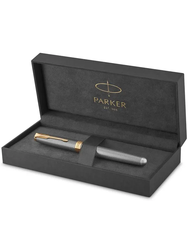 Parker Sonnet Fountain Pen | Chiselled Silver with Gold Trim | Solid 18k Gold Fine Nib | Gift Box
