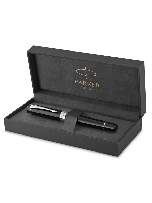 Parker Duofold Centennial Fountain Pen | Classic Black with Palladium Trim | Medium Solid Gold Nib | Black Ink and Convertor | Premium Gift Box