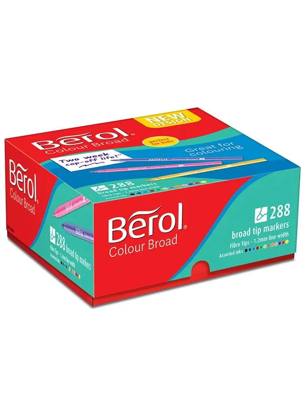 Berol filtspiss fargetusjer, bred spiss (1,2mm), vaskbar, assorterte farger, eske med 288 stk.