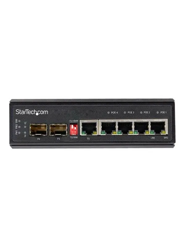 StarTech.com Industrial 5 Port Gigabit Ethernet Switch - 4 PoE RJ45 +2 SFP Slots 30W PoE+ 12-48VDC 10/100/1000 Rugged Power Over Ethernet LAN Switch -40C to 75C - DIN Mountable - switch - 6 ports