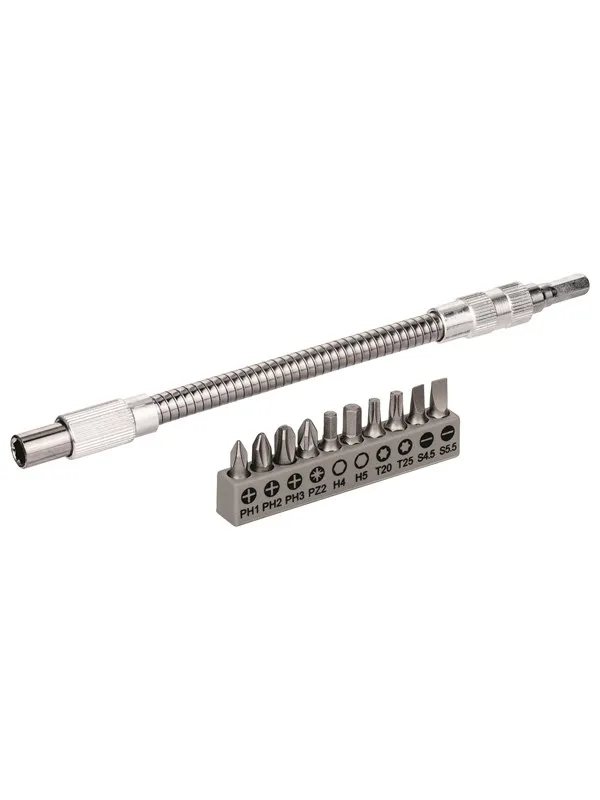 Bosch Fleksibel forlengelse, skrutrekkerbits metall, sett 11 stk. Fleksibel forlengelse metall, 200 mm, sett skrutrekkerbits, PH1, PH2, PH3, PZ2, Hex4, Hex5, T20, T25, SL 0.6x4.5; SL 0.8x5.5