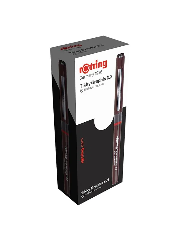 Rotring Tikky Graphic Fibre Tip Pen | 0.30 mm | Black Ink | Burgundy Barrels | Box of 12
