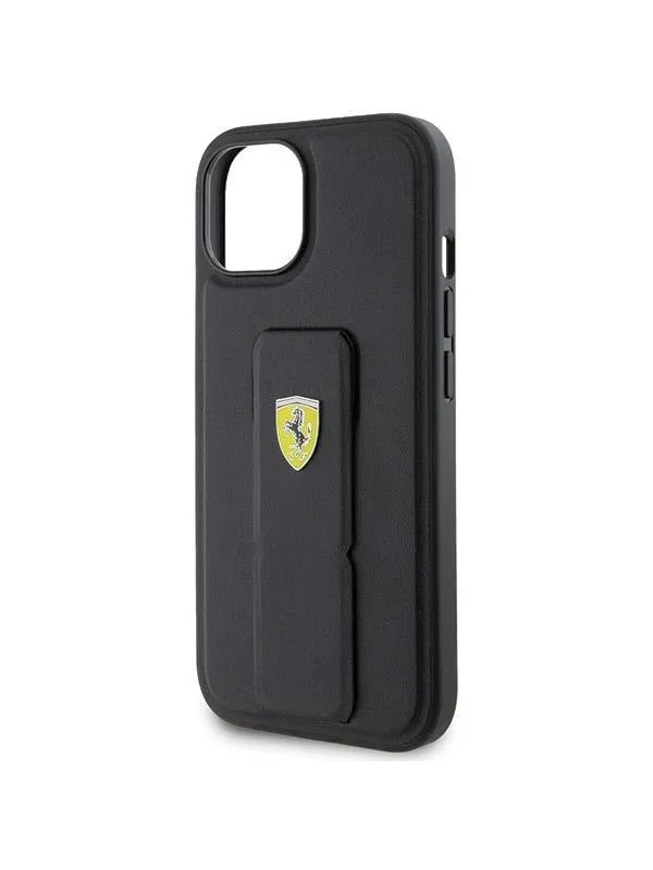 Ferrari Grip Stand Metal Logo Case for iPhone 15 - Black