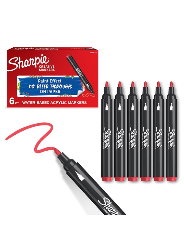 Sharpie Creative Marker Acrylic Paint Pens | Bullet Tip Water-Based Paint Markers | Red | 6 Count