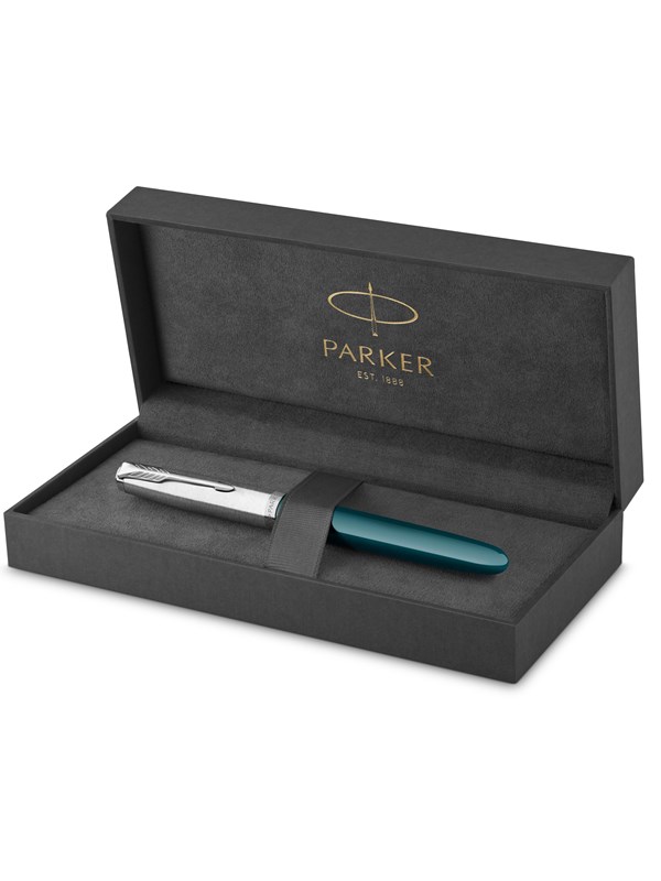 Parker 51 Fountain Pen | Teal Blue Barrel with Chrome Trim | Fine Nib with Black Ink Cartridge | Gift Box
