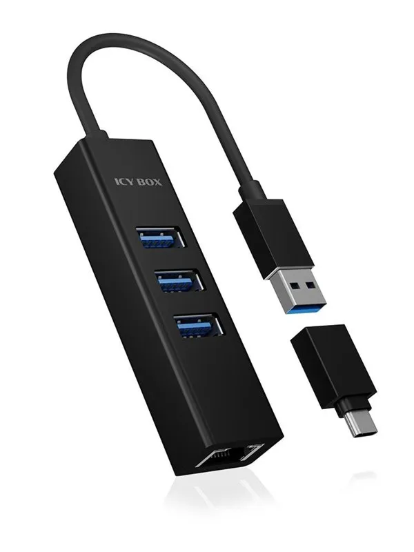 ICY BOX IB-HUB1419-LAN USB-hub - USB 3.0 - 3 porter - Svart