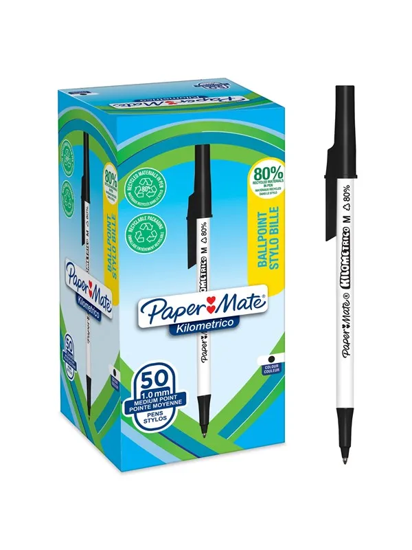 Paper Mate Kilometrico kulepenner | Lang skriving med middels punkt (1,0 mm) | Svart blekk | 80 % resirkulert plast | 50 Stk