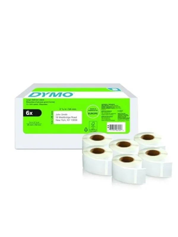 DYMO LabelWriter returadresseetiketter | 25 mm x 54 mm | Selvklebende | 6 ruller med 500 etiketter