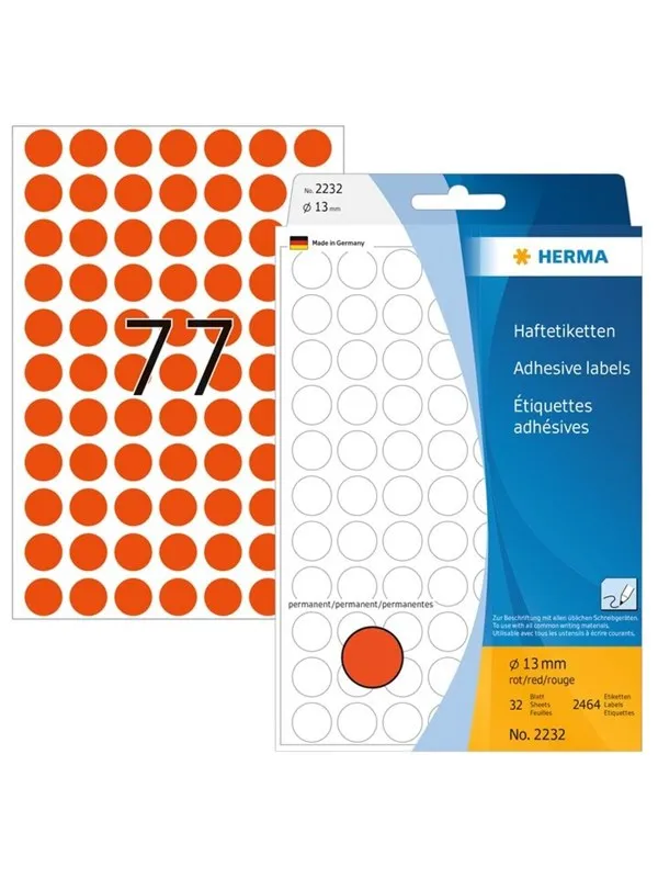HERMA 2232 Multi-purpose labels / colour dots Ø 13 mm round red permanent adhesion for hand lettering