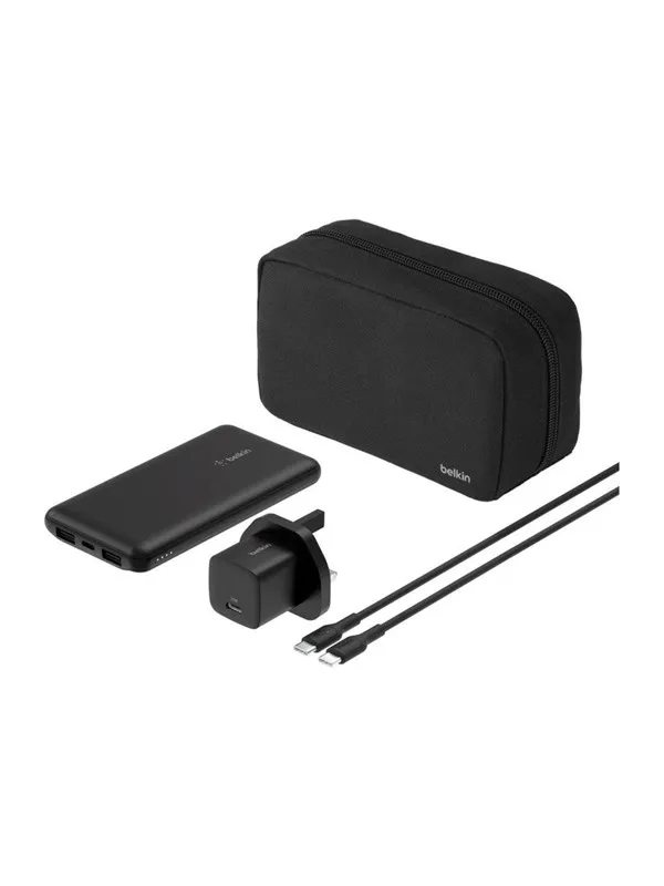 Belkin BoostCharge power bank - + AC power adapter - 24 pin USB-C 2 x USB - with zippered pouch case Nødlader - Svart - 10000 mAh