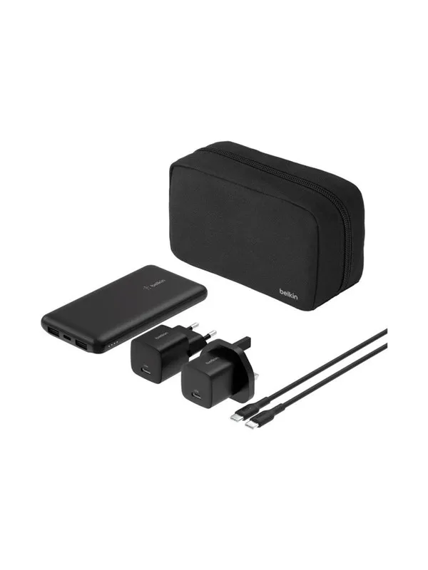 Belkin BoostCharge power bank - + AC power adapter - 24 pin USB-C 2 x USB - with zippered pouch case Nødlader - Svart - 10000 mAh