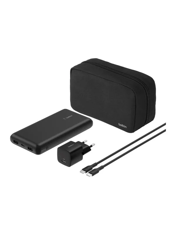 Belkin BoostCharge power bank - + AC power adapter - 24 pin USB-C 2 x USB - with zippered pouch case Nødlader - Svart - 20000 mAh