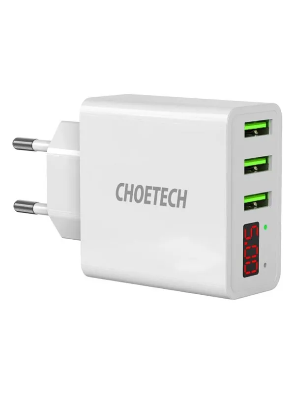 Choetech 15W 3-Port USB-A Wall Charger with Display White