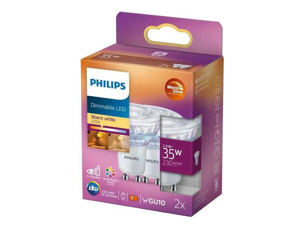 Philips LED-lyspære Spot 2.6W/922-927 (35W) 36° WarmGlow Dimmable 2-pack GU10
