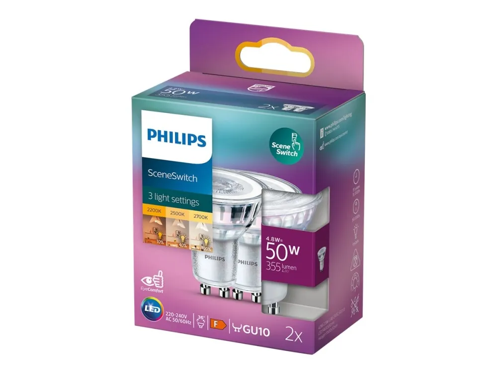 Philips LED-lyspære SceneSwitch Spot 4.8W/822-827 (50W) 36° 2-pack GU10