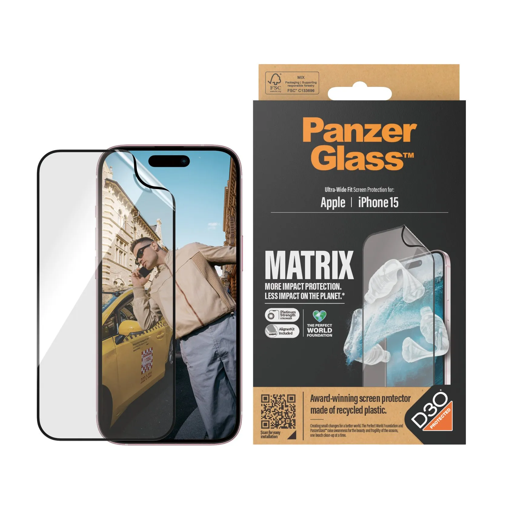 PanzerGlass MATRIX Screen Protector with D3O iPhone 15 | Ultra-Wide Fit w. AlignerKit