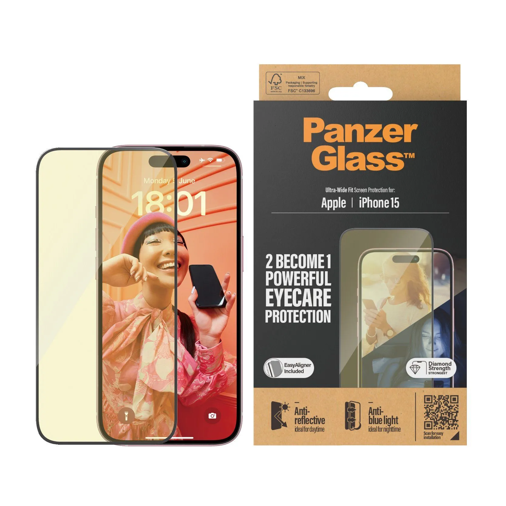 PanzerGlass Eyecare Screen Protection iPhone 15 | Ultra-Wide Fit w. EasyAligner