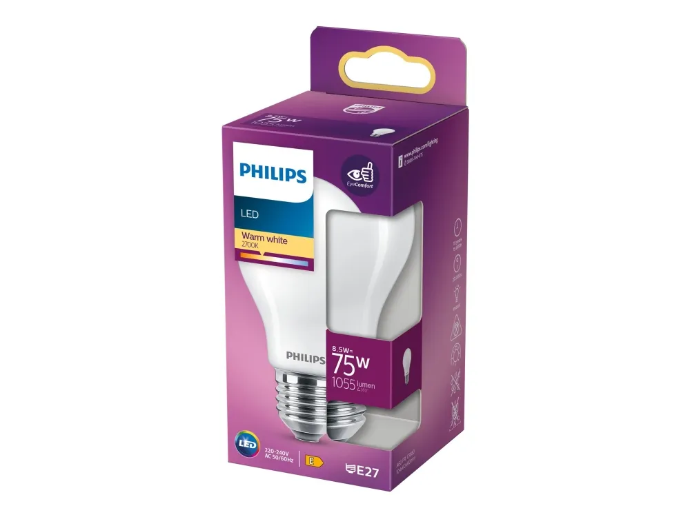 Philips LED-lyspære Classic Standard 8.5W/827 (75W) Frosted E27