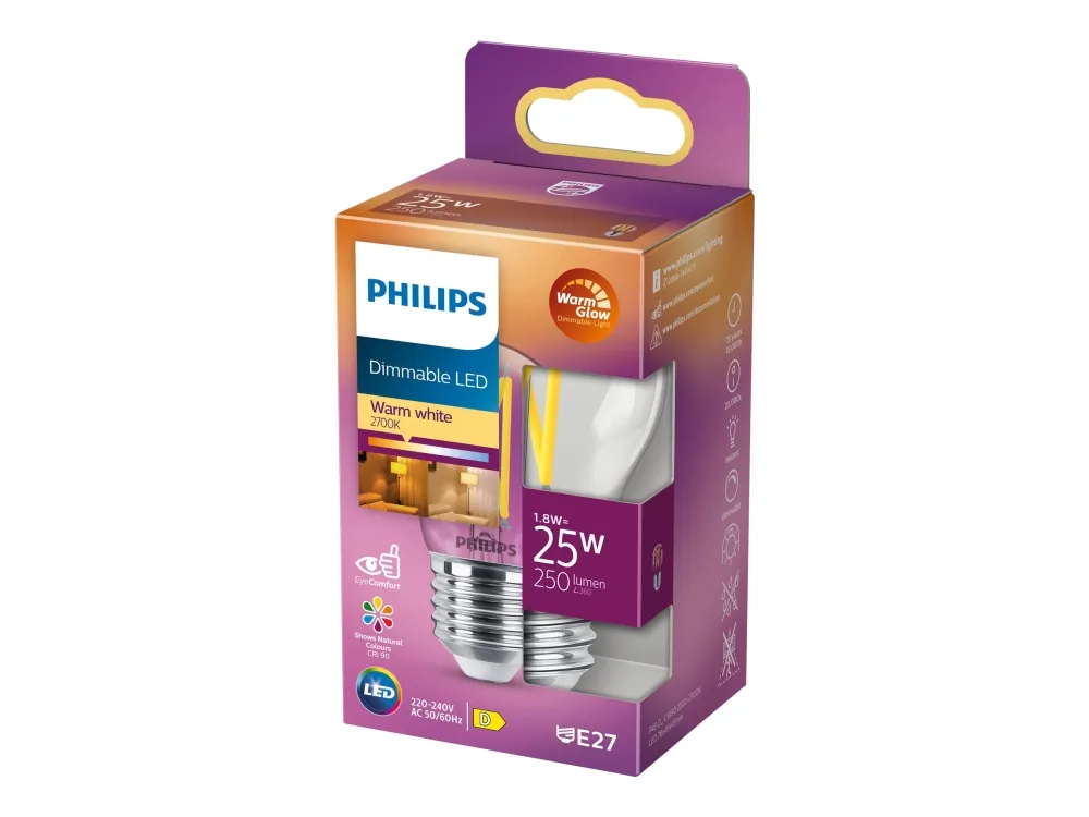 Philips LED-lyspære Classic Mini-ball 1.8W/922-927 (25W) Clear WarmGlow Dimmable E27