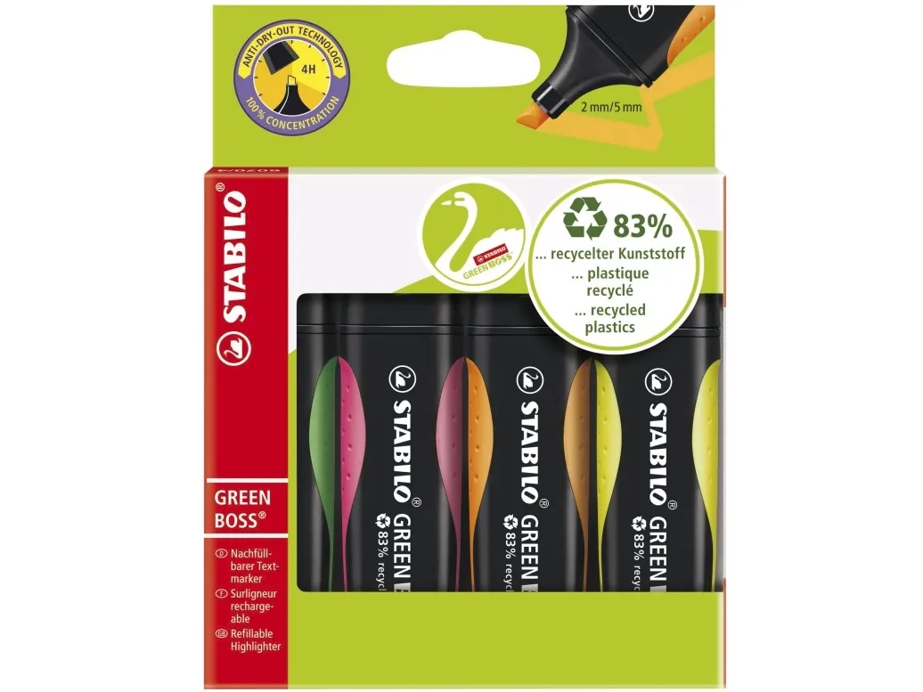 STABILO Green BOSS  4 ass. colours highlighter with water-based ink refillable - 83% recycled plastic