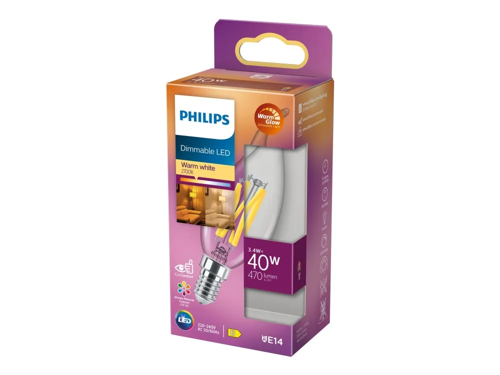 Philips LED-lyspære Classic Candle 3.4W/922-927 (40W) Clear WarmGlow Dimmable E14